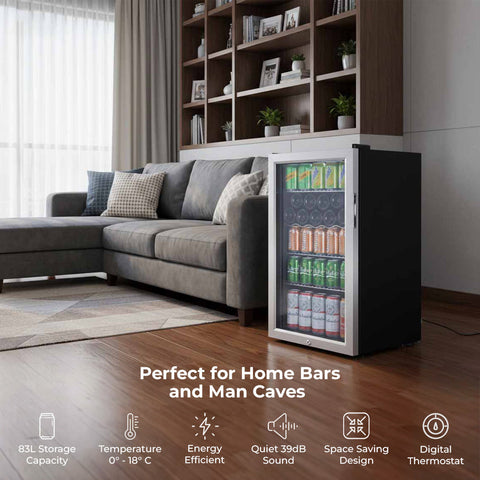 Black and silver mini subcold super led beer fridge with glass door displaying canned beverages