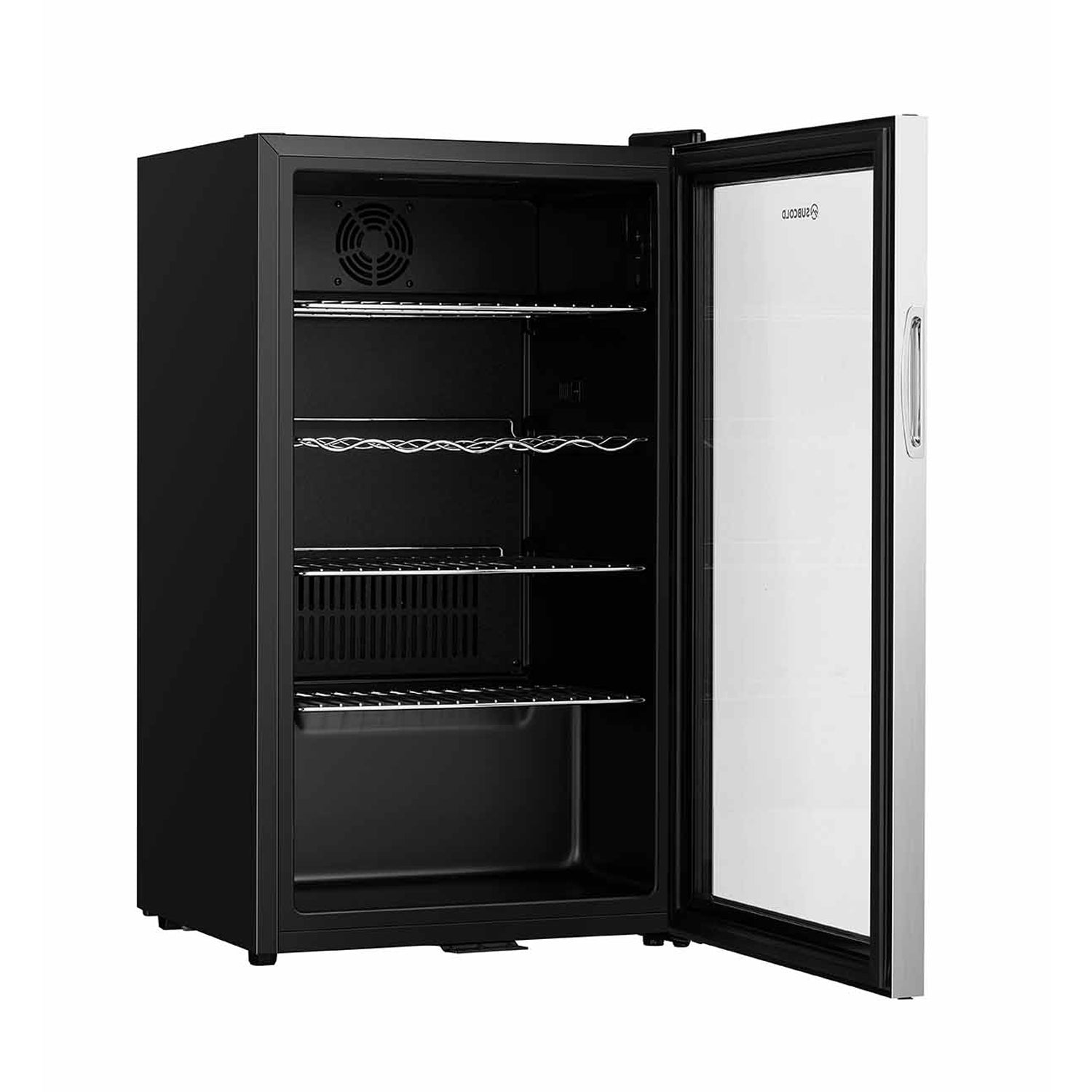 Black and stainless steel subcold super led beer fridge with glass door and adjustable shelves including wine rack
