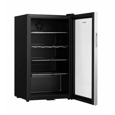 Black and stainless steel subcold super led beer fridge with glass door and adjustable shelves including wine rack