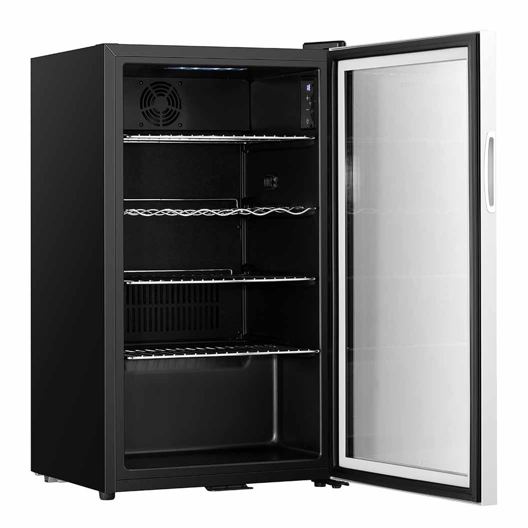 Black and white glass-door subcold super85 led beer fridge with adjustable metal shelves for optimal cooling storage
