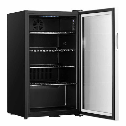 Black and white glass-door subcold super85 led beer fridge with adjustable metal shelves for optimal cooling storage