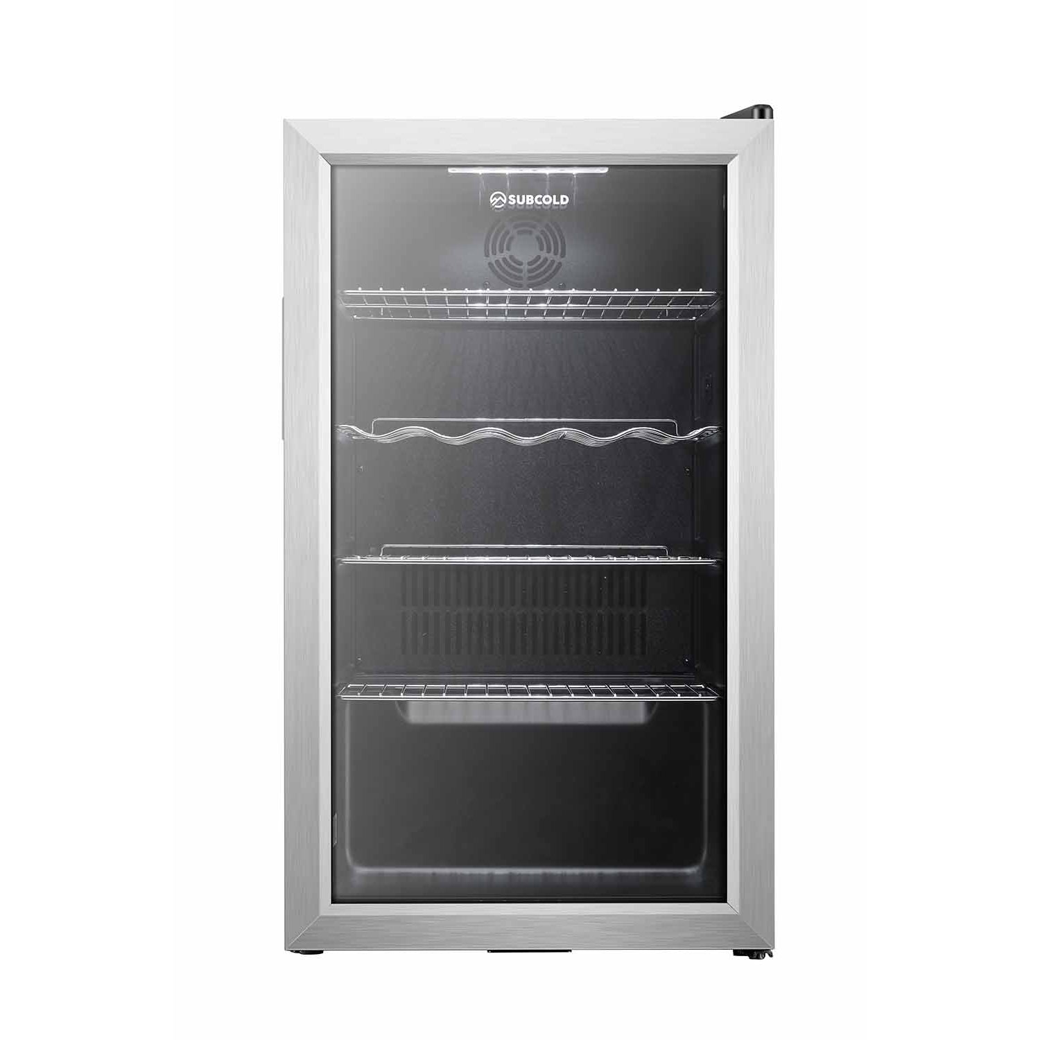 Silver-framed subcold super85 led beer fridge with glass door and wire shelves for chilled beverage storage