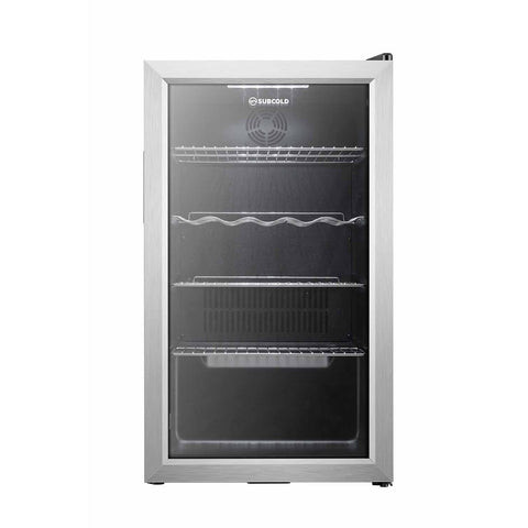 Silver-framed subcold super85 led beer fridge with glass door and wire shelves for chilled beverage storage