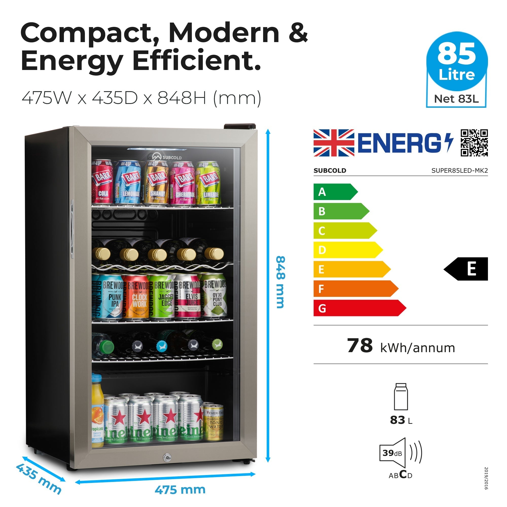 Silver stainless steel subcold super 85 led beer fridge with glass door black trim and 85 litre capacity