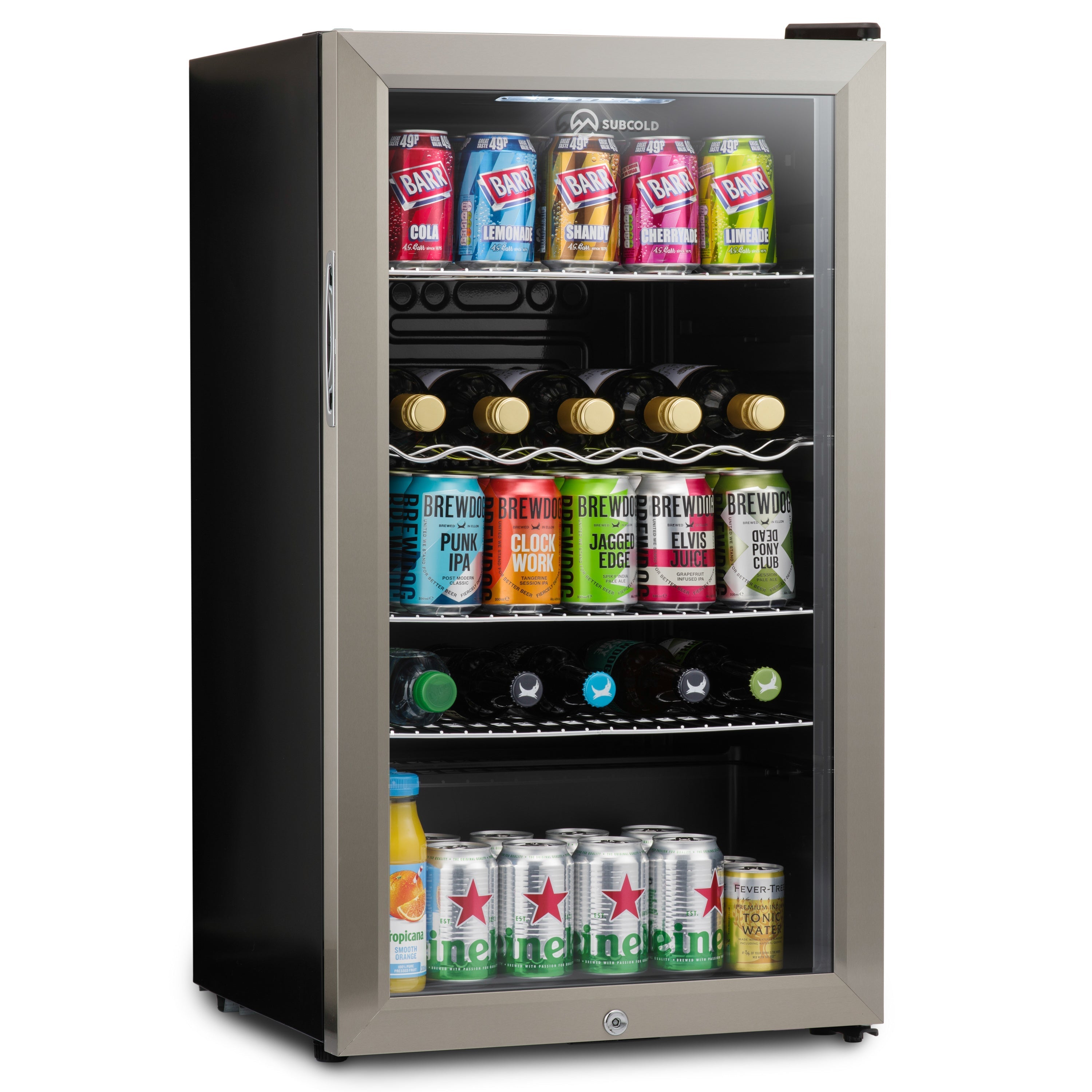Subcold super85 led beer fridge with stainless steel and black frame glass door showing colorful cans and bottles inside
