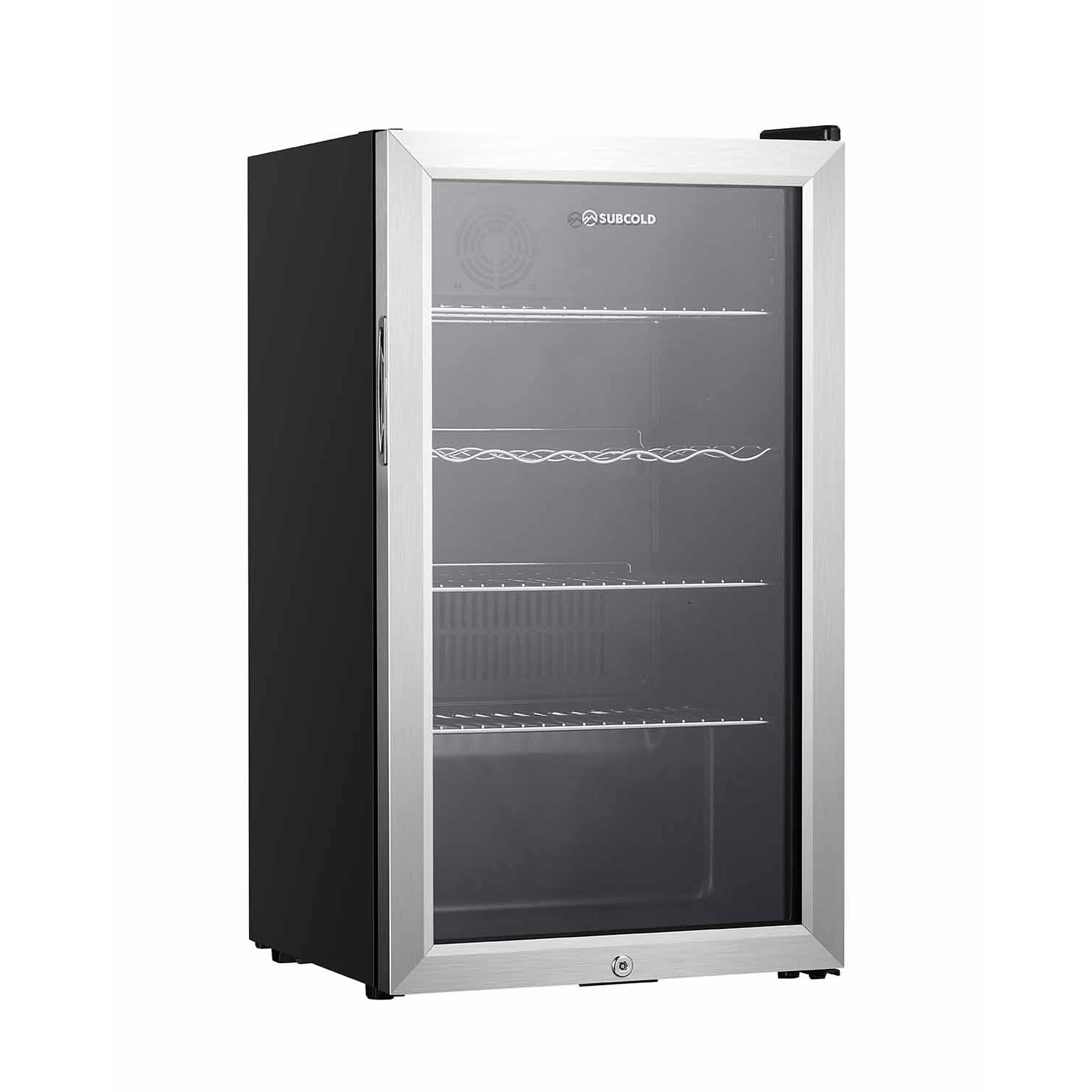 Stainless steel and black glass-door subcold super85 led beer fridge with silver frame and sleek modern design
