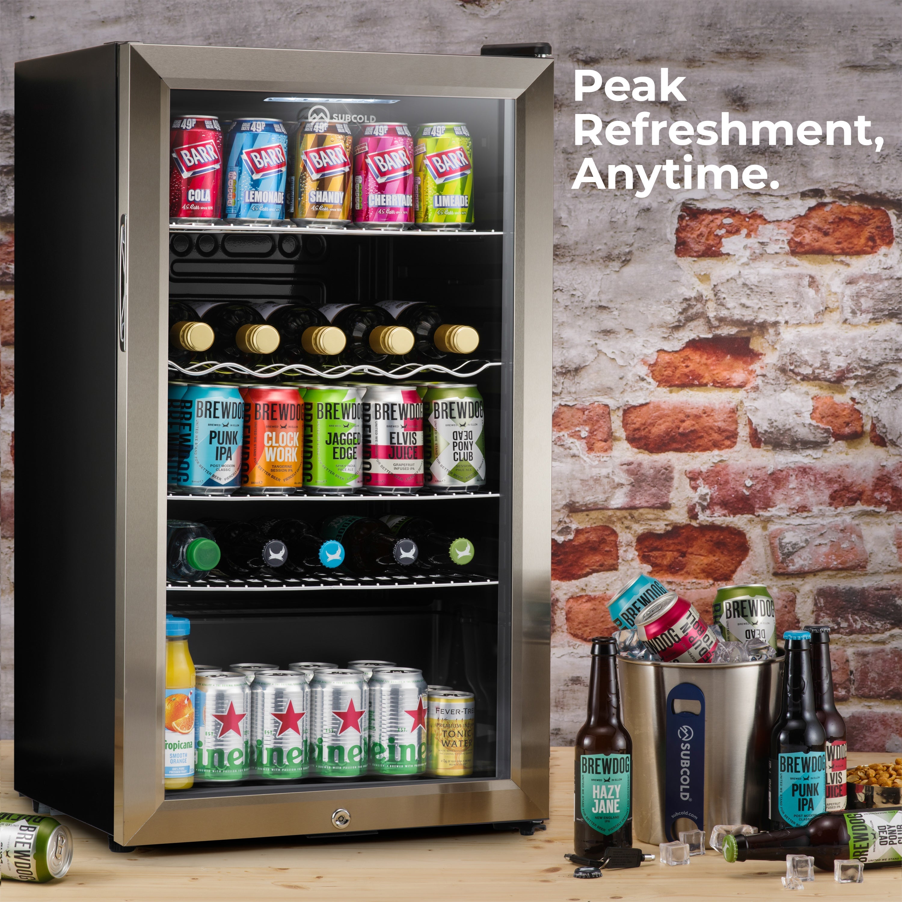Stainless steel subcold super85 led beer fridge with black accents and glass door holding cans and bottles
