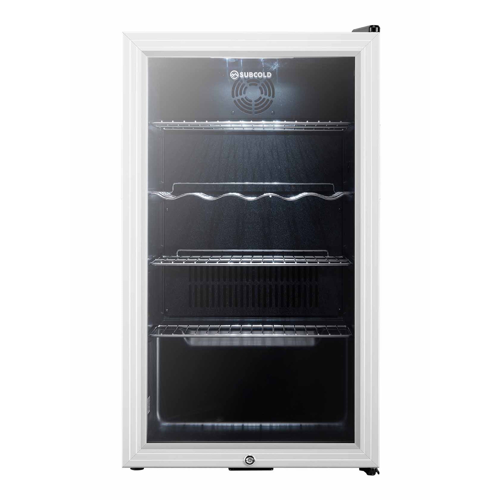 White-framed subcold super85 led beer fridge with glass door metal shelves and black interior for drinks cooling