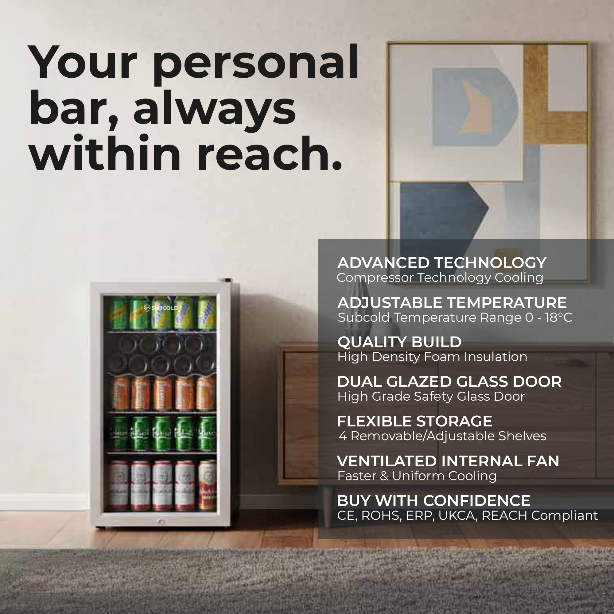 White-framed subcold super85 led beer fridge with glass door and shelves stocked with canned drinks