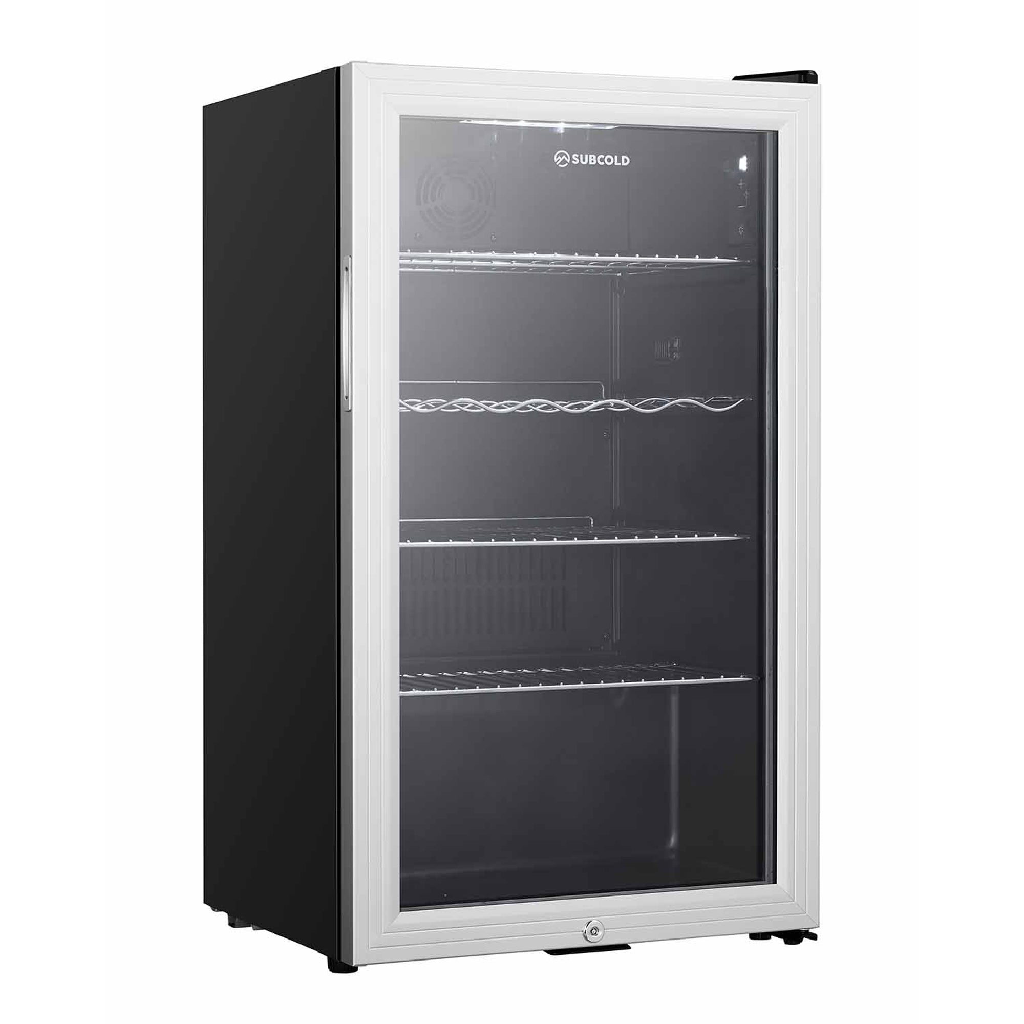 White-framed subcold super85 led beer fridge with black sides and silver wire shelves for chilled drinks storage