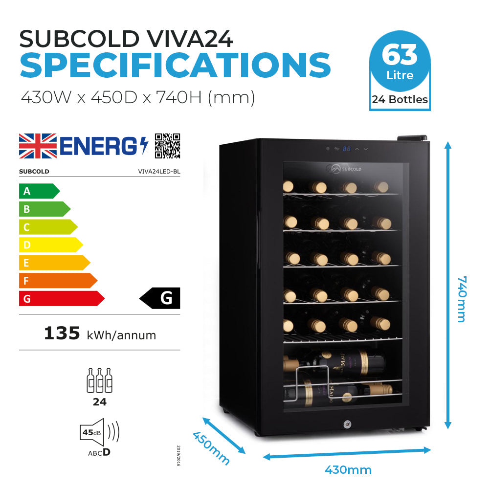 Black subcold viva24 led wine cooler with glass door and shelves holding bottles for stylish wine storage