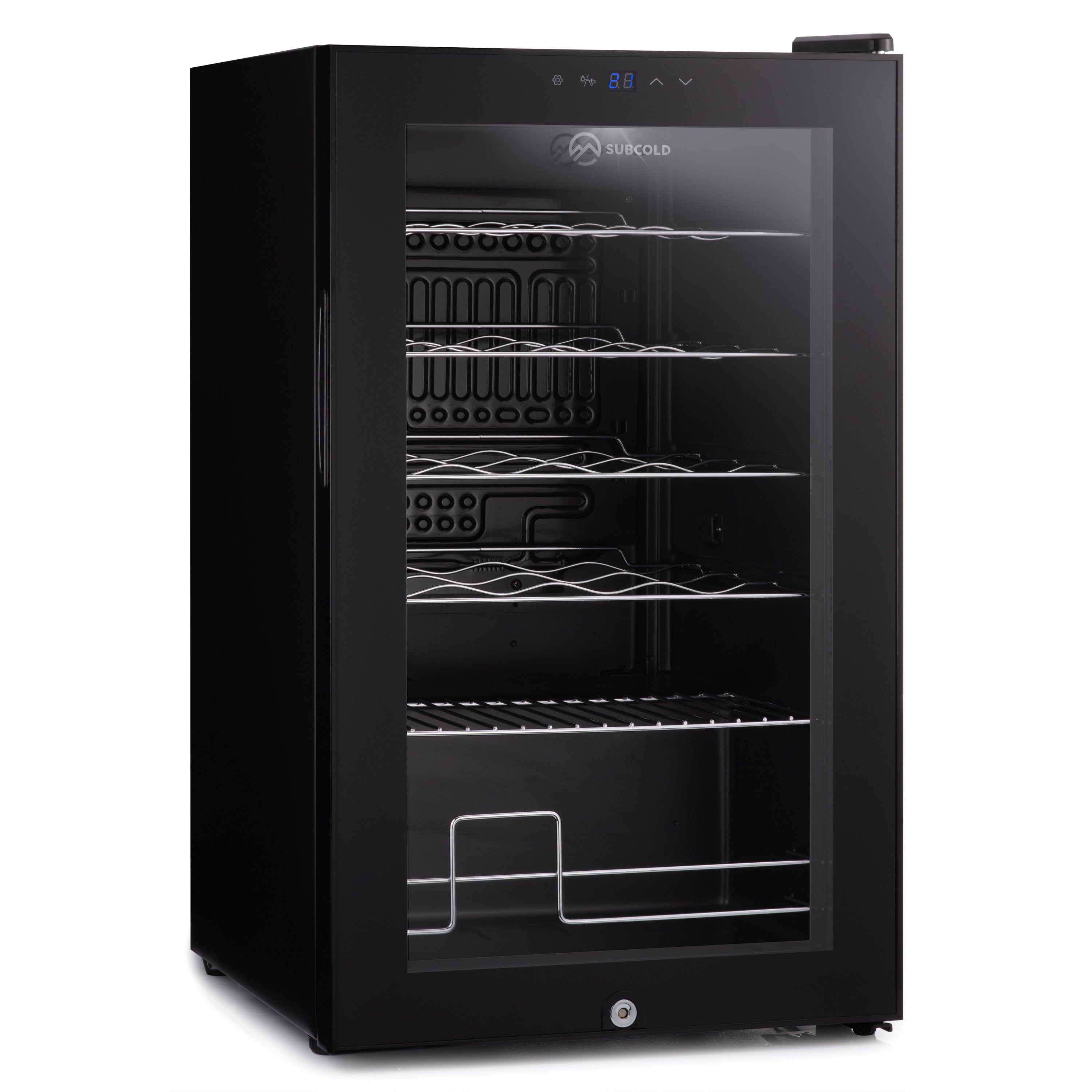Black subcold viva24 led wine cooler with glass door and silver wire shelves for bottle storage