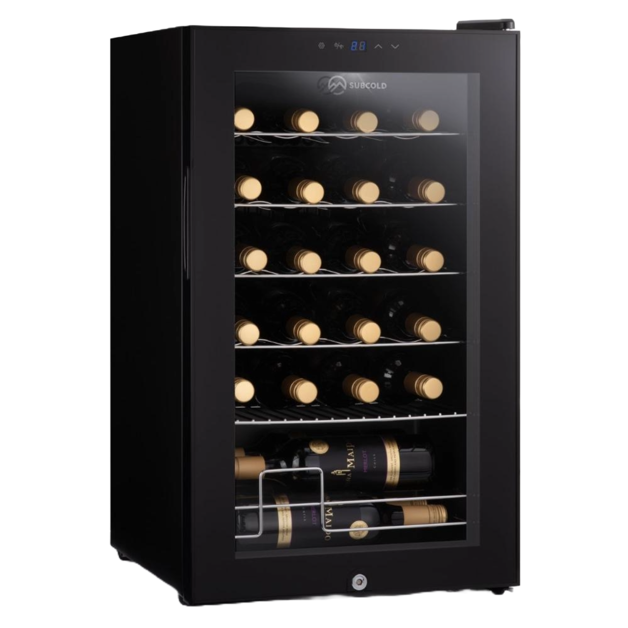 Black glass-door subcold viva24 led wine cooler with sleek design and multiple shelves holding wine bottles