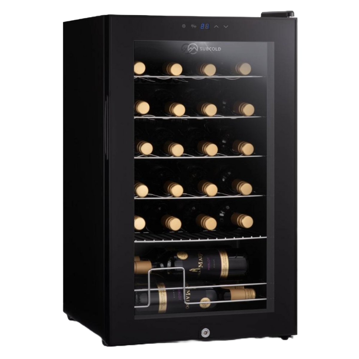 Black glass-door subcold viva24 led wine cooler with sleek design and multiple shelves holding wine bottles