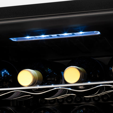 Black subcold viva24 led wine cooler with sleek modern design and blue led lighting on top shelf