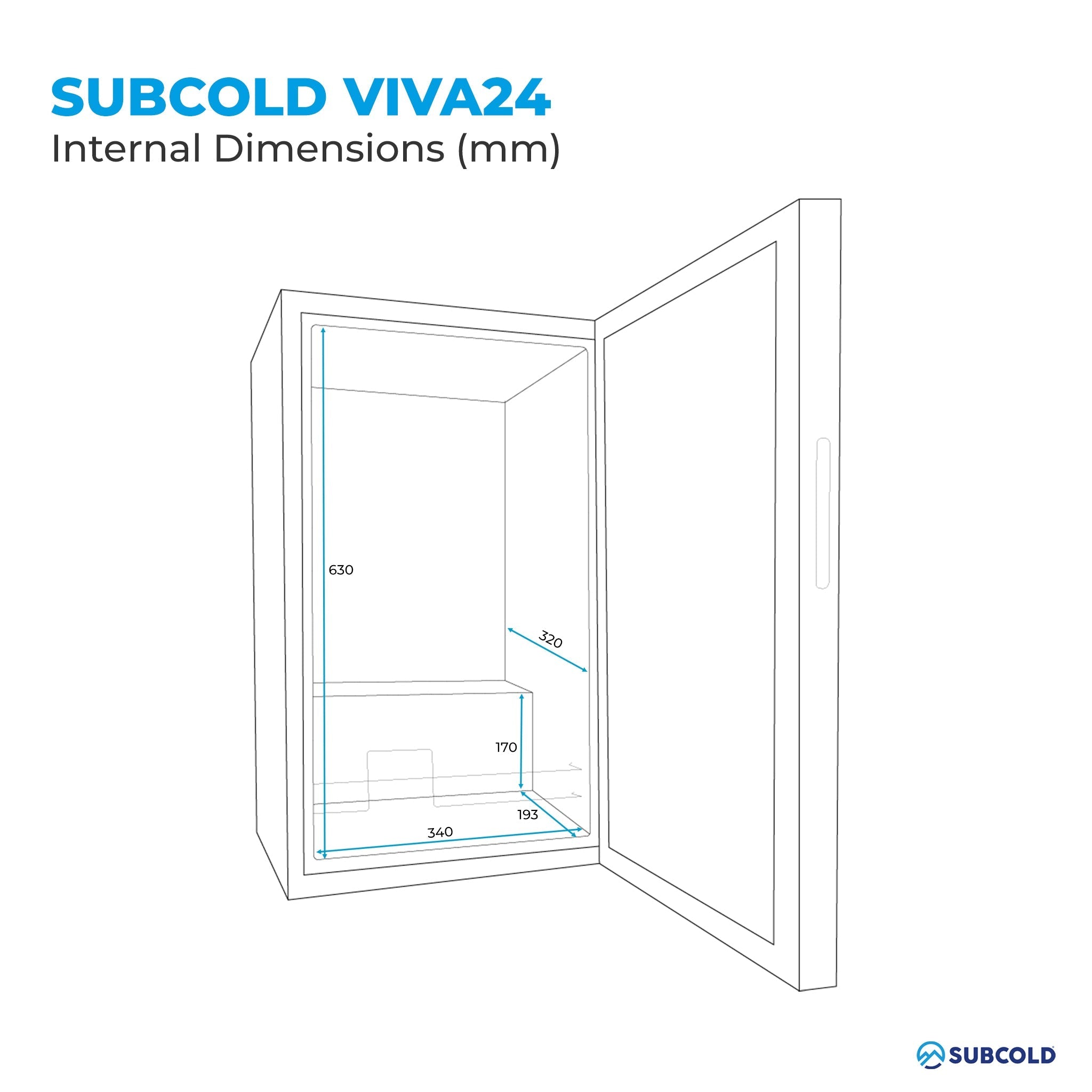Internal dimensions labeled in millimeters of the subcold viva24 led wine cooler showing the wine cooler storage space