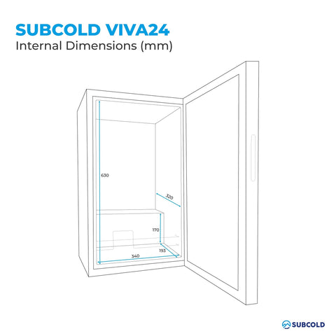 Internal dimensions labeled in millimeters of the subcold viva24 led wine cooler showing the wine cooler storage space