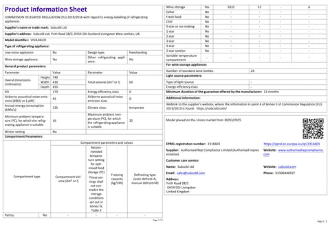 White paper product info sheet for subcold viva24 led wine cooler model v1024led with key specs and features