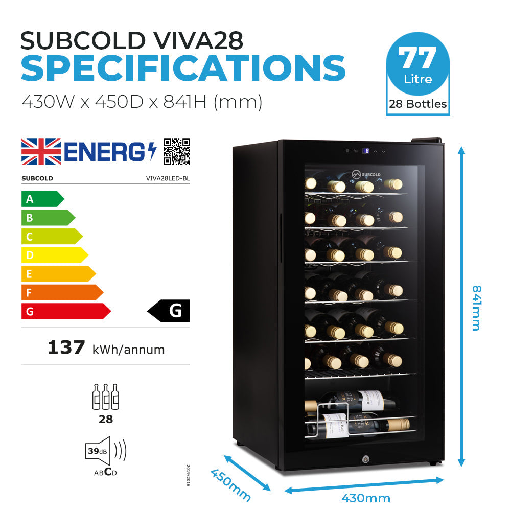 Black subcold viva28 led wine fridge with glass door and shelves holding bottles for wine cooling