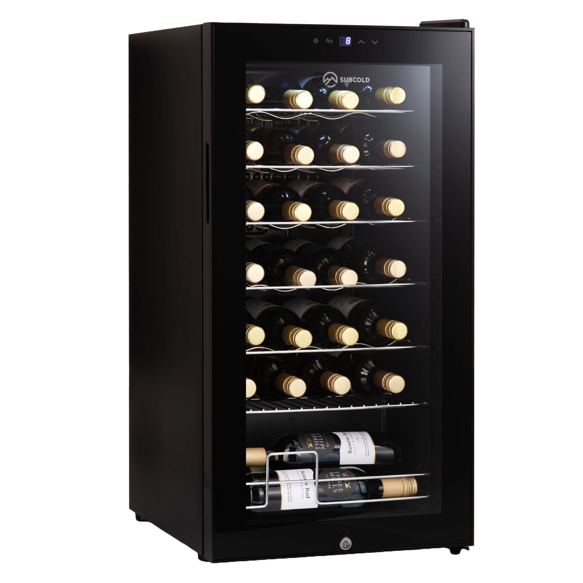 Black subcold viva28 led wine fridge with glass door and multiple shelves holding bottles of wine cooler