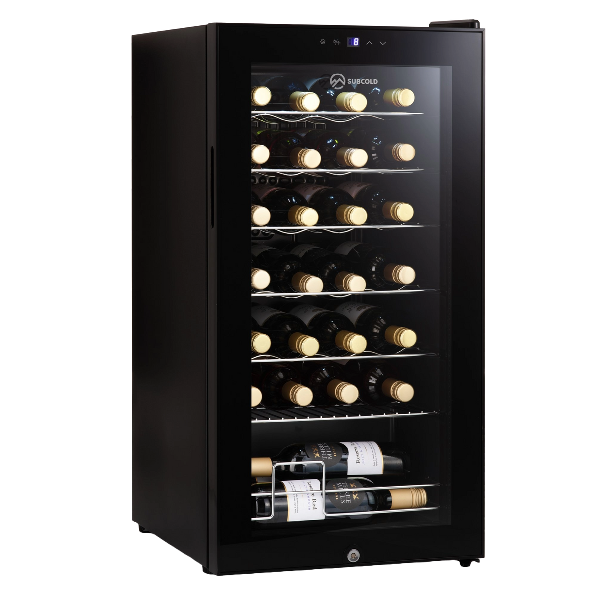Black subcold viva28 led wine fridge with glass door and multiple shelves holding bottles of wine cooler