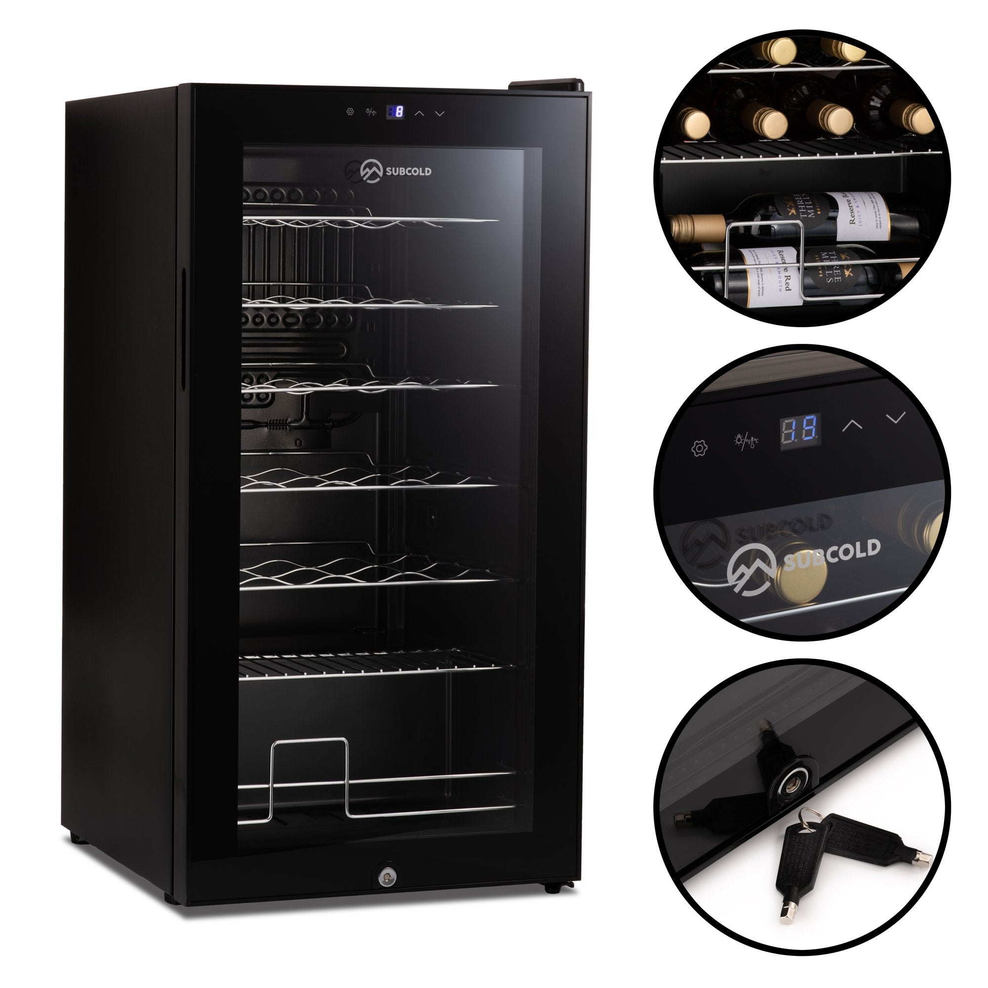 Black glass door subcold viva28 led wine cooler with silver wire shelves and digital display wine fridge