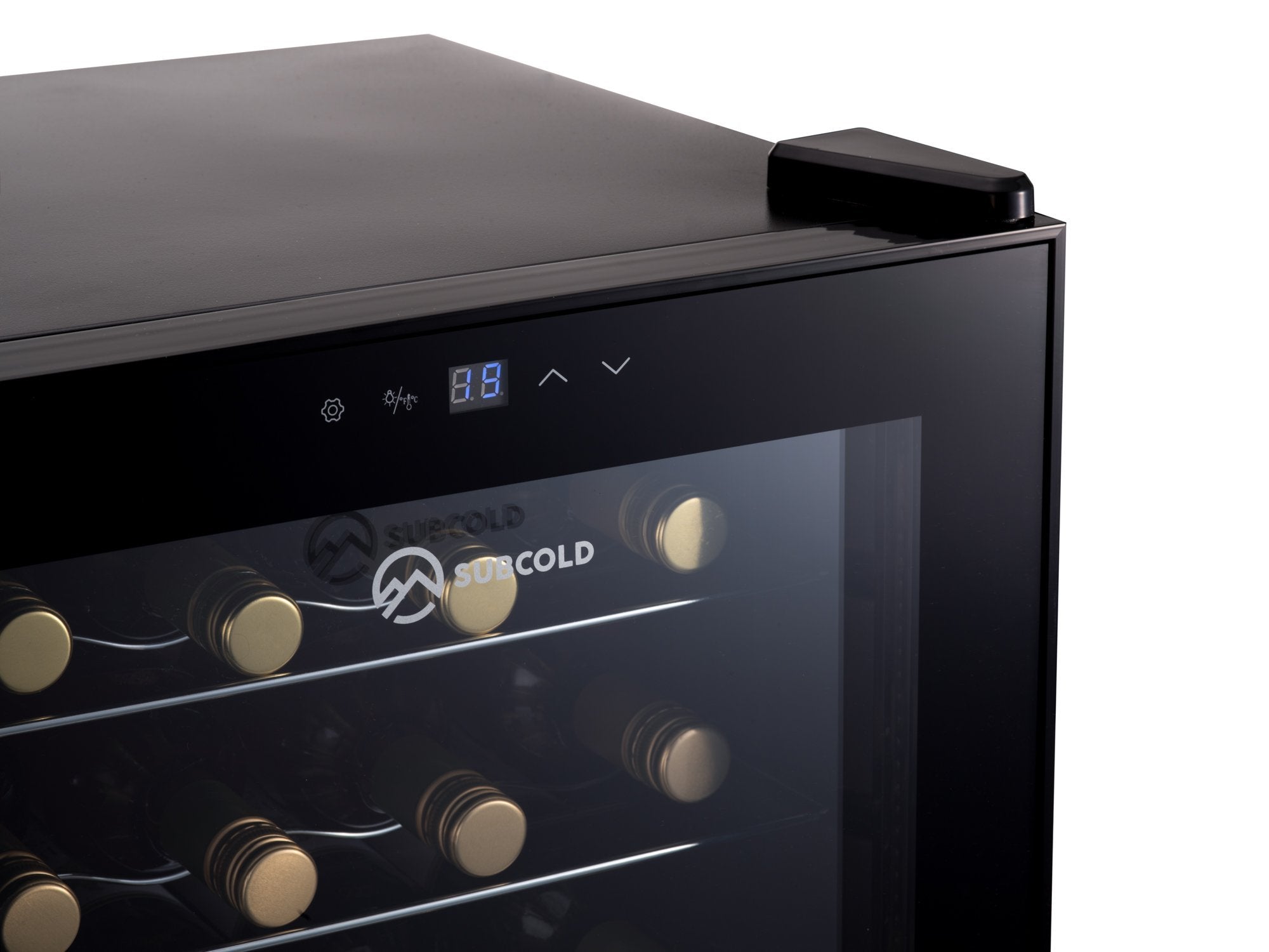 Black subcold viva28 led wine cooler with gold bottle holders and digital temperature display on the front glass door