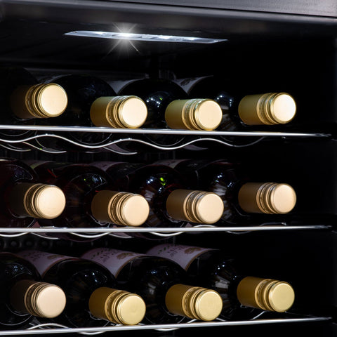 Black subcold viva28 led wine cooler with silver wire shelves holding red wine bottles in wine fridge