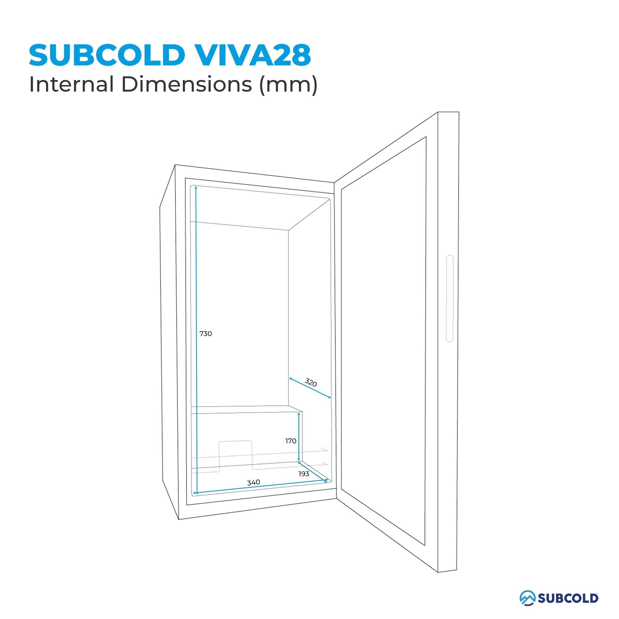 Subcold viva28 led wine cooler showing internal dimensions in millimeters for this compact wine fridge