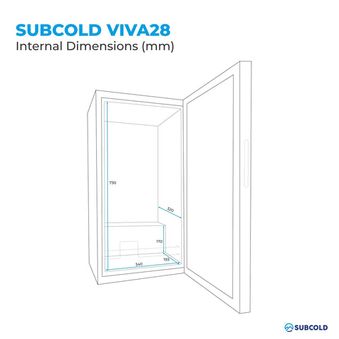 Subcold viva28 led wine cooler showing internal dimensions in millimeters for this compact wine fridge