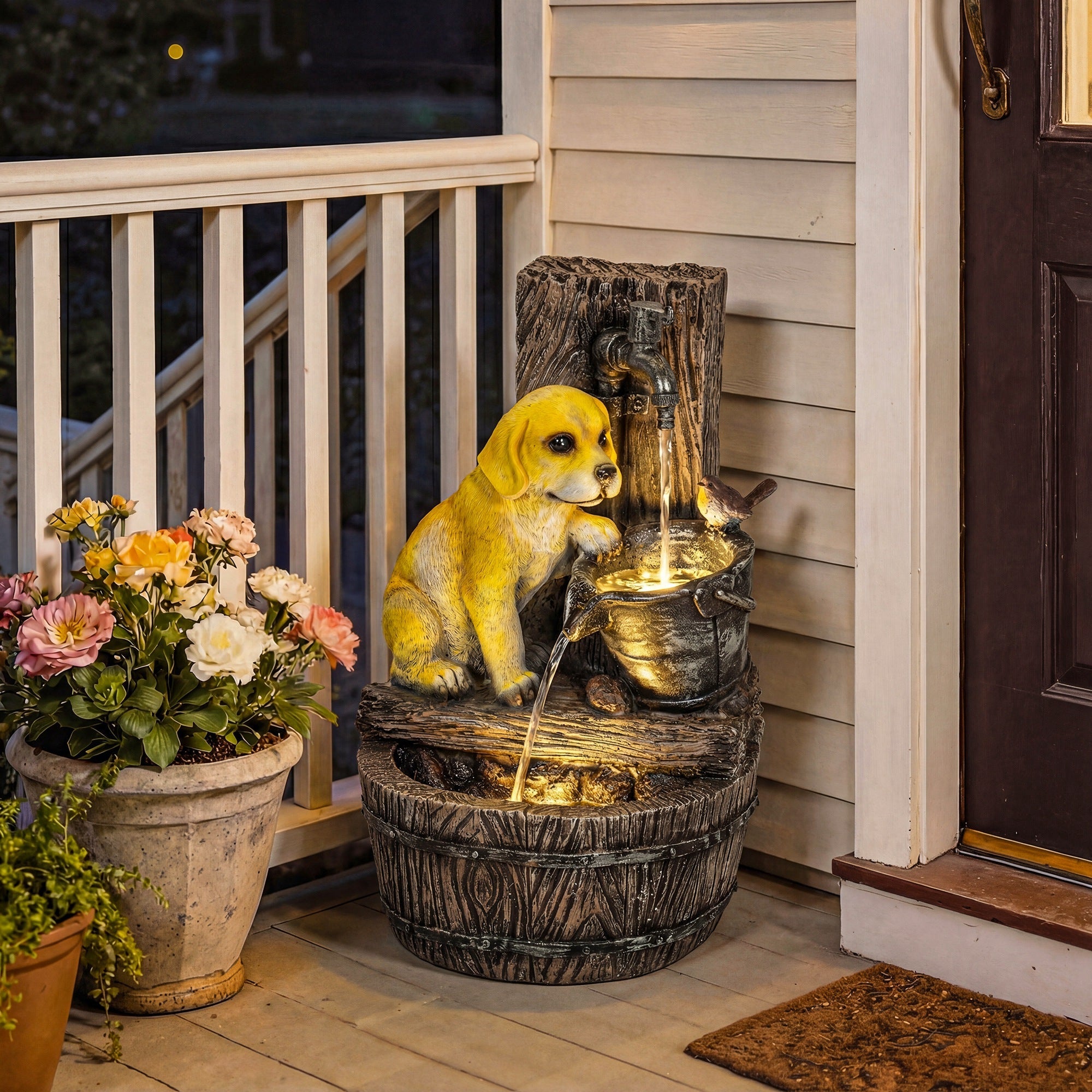 Outsunny Garden Water Feature with 3-Tier Rustic Puppy Design, Freestanding Resin with LED Lights, Adjustable Flow, Rustic Brown