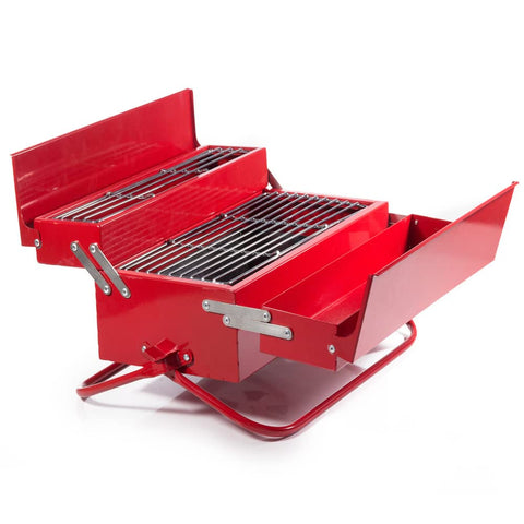 Red portable bbq grill tool box with stainless steel racks compact design perfect for camping and outdoor gifts
