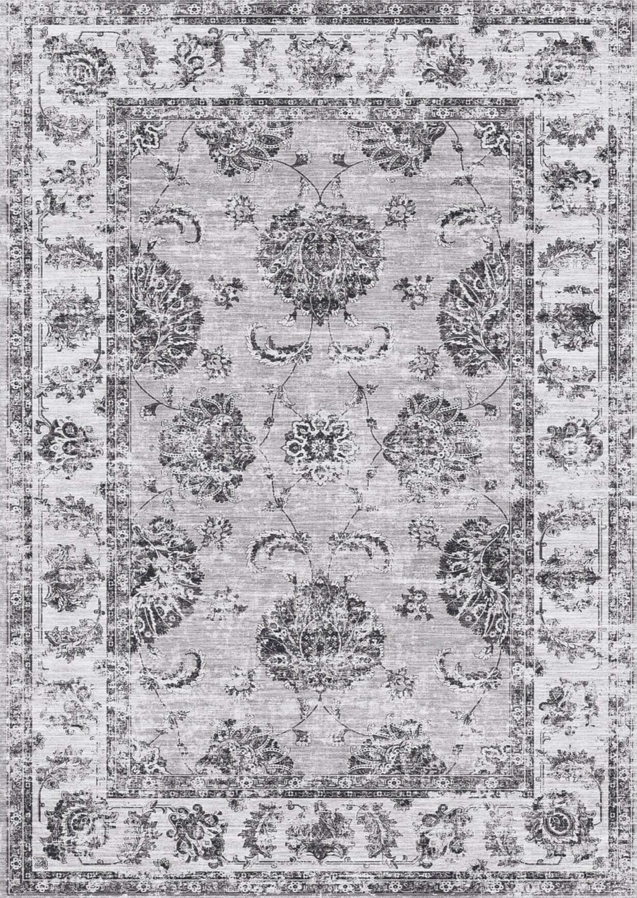Sulus vintage washable rug with faded gray and black floral pattern on textured distressed background vintage washable rug
