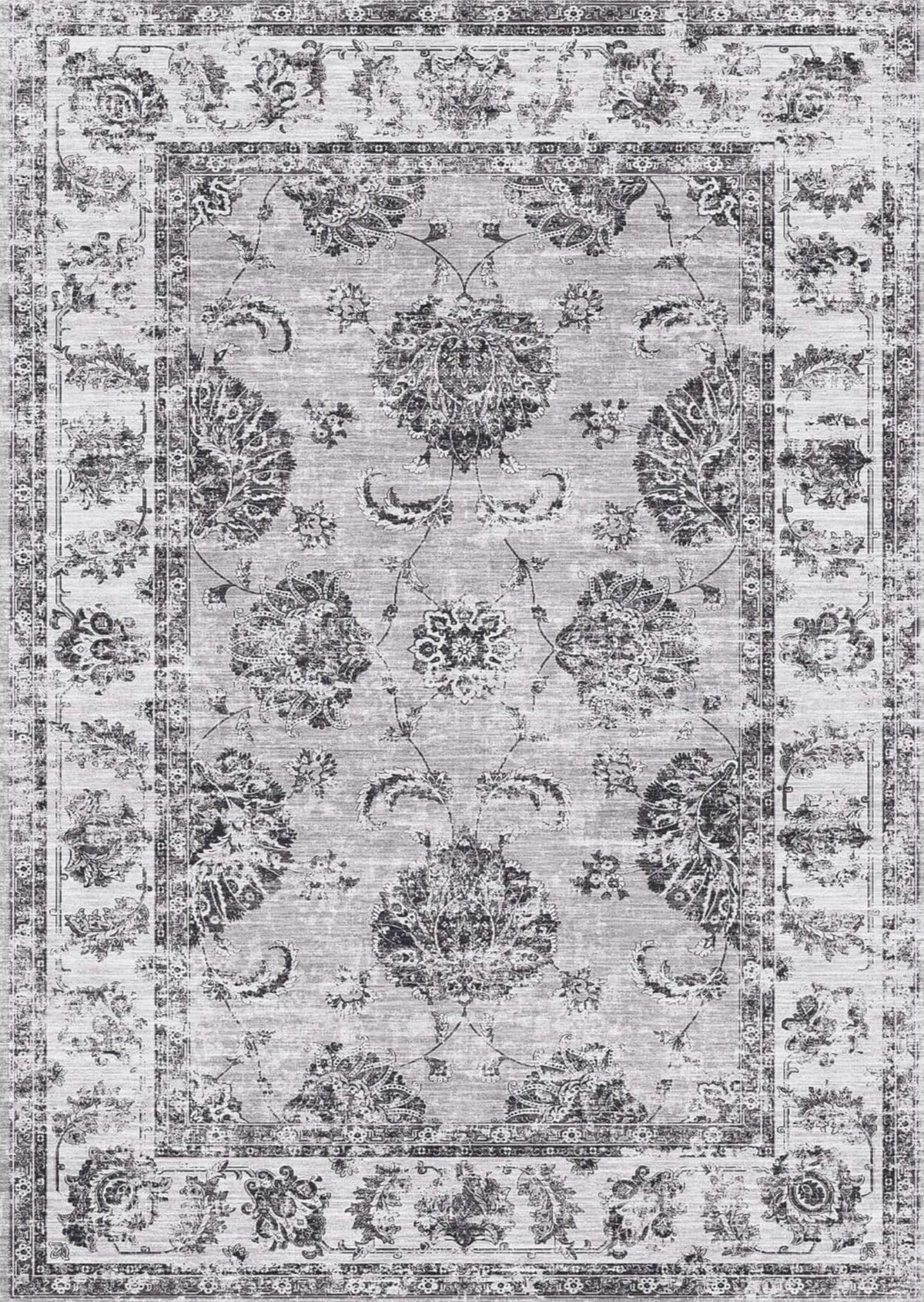 Sulus vintage washable rug with faded gray and black floral pattern on textured distressed background vintage washable rug