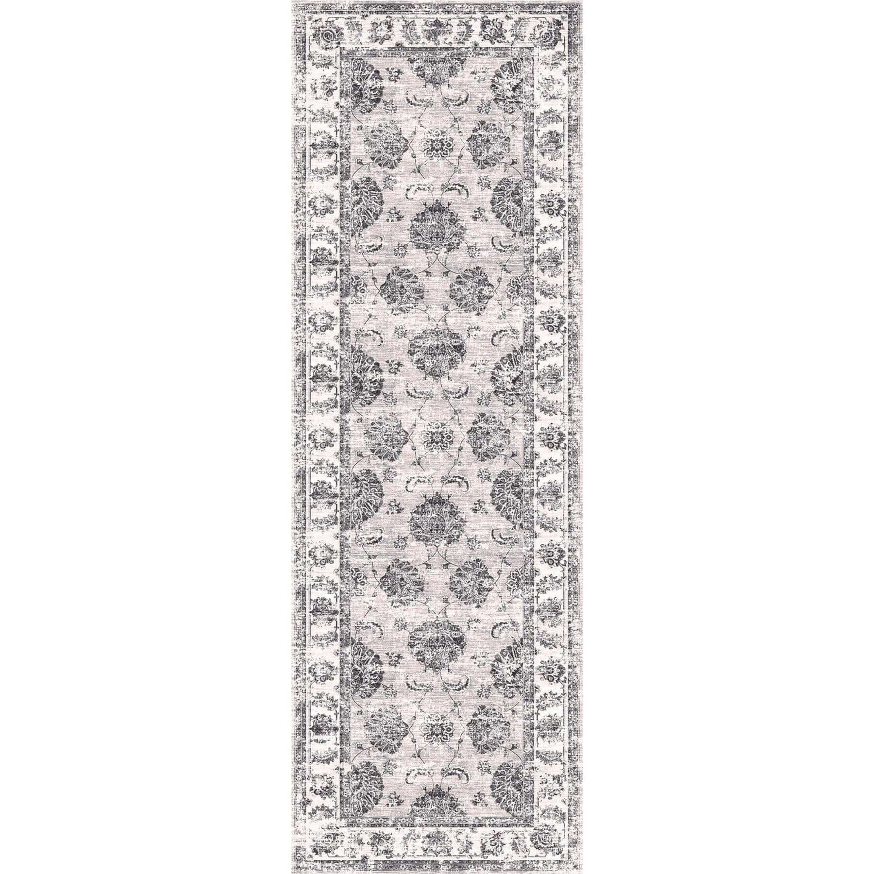 Antique-style gray and white sulus vintage washable rug with intricate floral motifs and durable vintage washable design