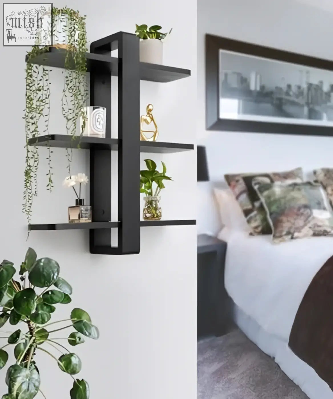 Black pine wood floating shelves with geometric design holding plants and decor for living room wall mounted use