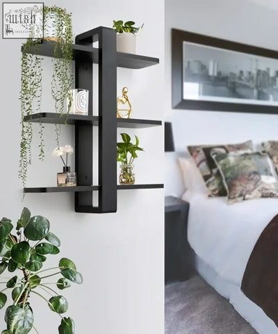 Black pine wood floating shelves with geometric design holding plants and decor for living room wall mounted use