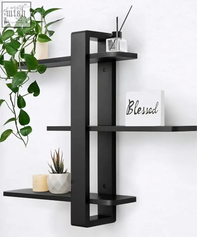 Sumgar floating shelves black made of pine wood with sleek geometric design for living room wall mounted storage