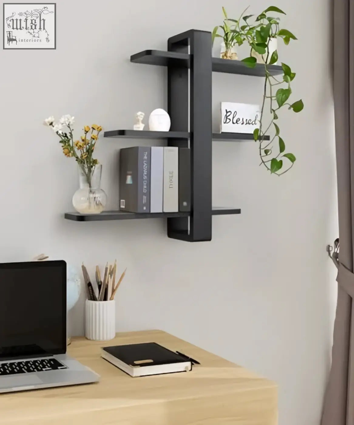 Black pine wood floating shelves with 3 tiers holding books and decor for living room wall mounted storage