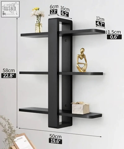 Black sumgar floating shelves with three pine wood tiers and central support for wall mounted living room storage