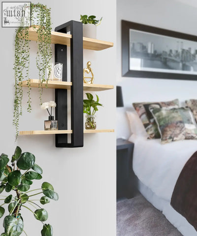 Modern black metal shelving unit with light wood pine floating shelves for living room bedroom office use