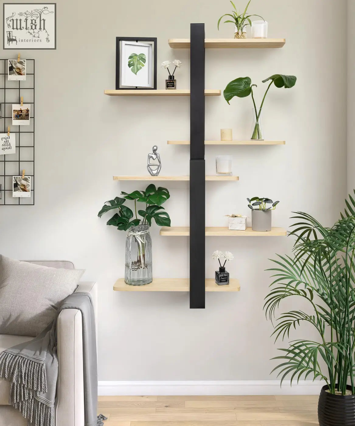Modern minimalist sumgar floating shelves shelving unit with light pine wood and black support for living room decor