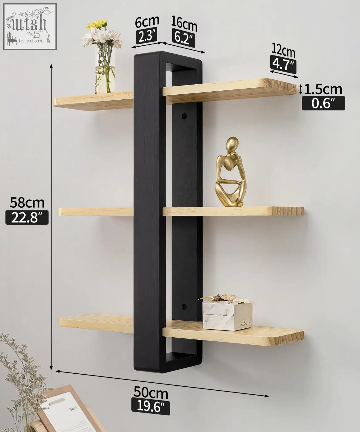 Modern black metal frame floating shelves with three light pine wood shelves for living room shelving unit