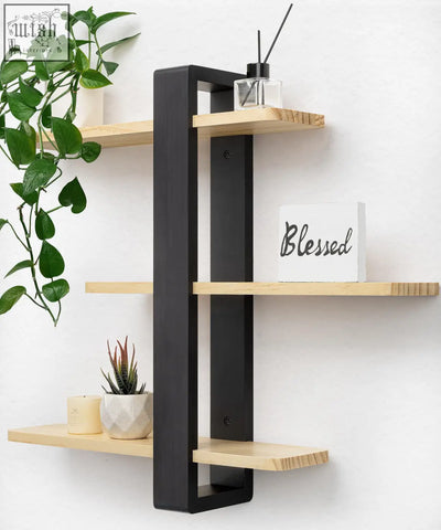 Modern black metal frame floating shelves with light pine wood for living room wall mounted shelving unit