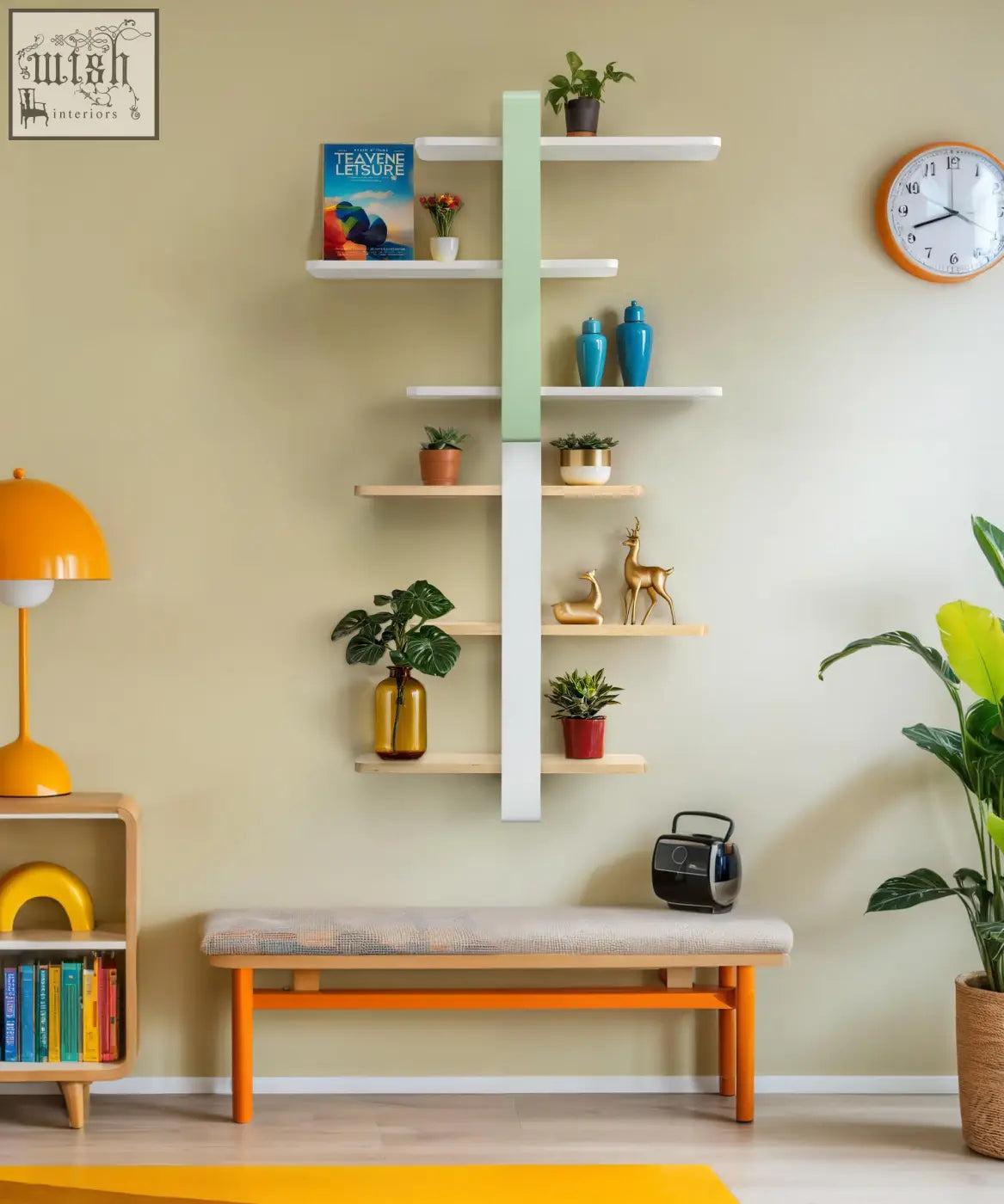Modern white and mint green floating shelves with wooden accents made of pine wood for living room or bedroom use