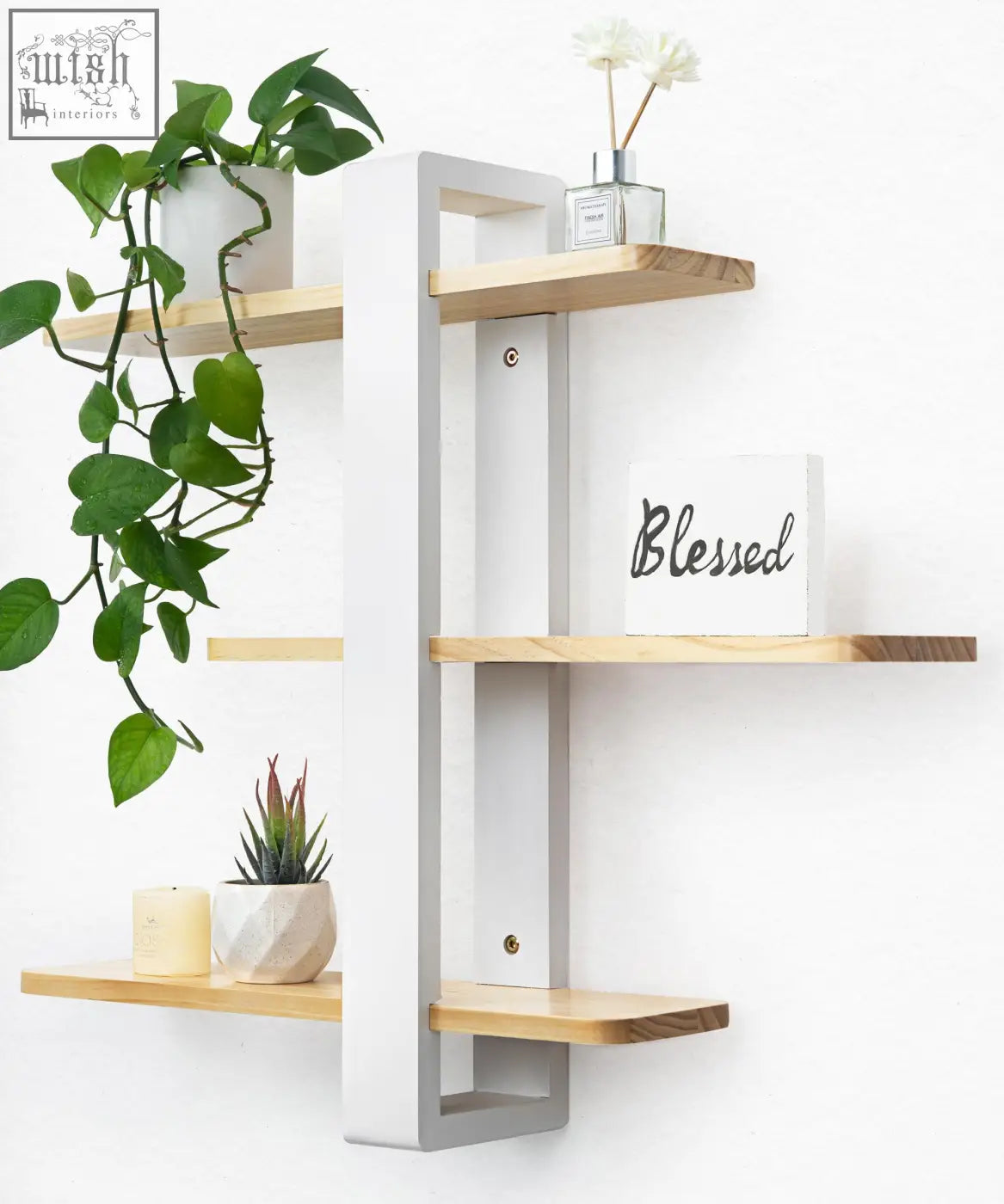 Modern white and pine wood floating shelves with minimalist design perfect for living room bedroom or office wall mounting