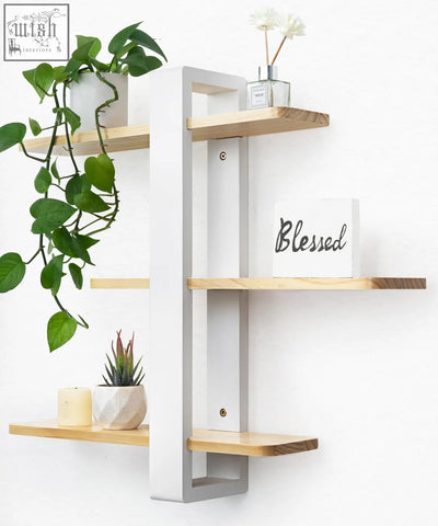 Modern white and pine wood floating shelves with minimalist design perfect for living room bedroom or office wall mounting