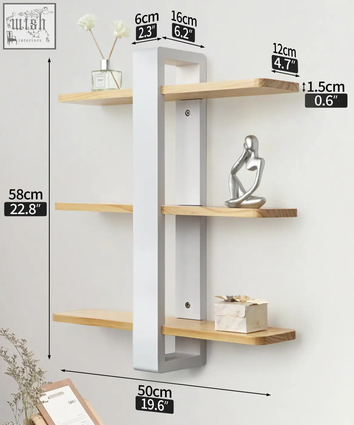 Modern white and pine wood floating shelves with four tiers perfect for living room wall mounted storage