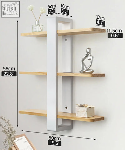 Modern white and pine wood floating shelves with four tiers perfect for living room wall mounted storage