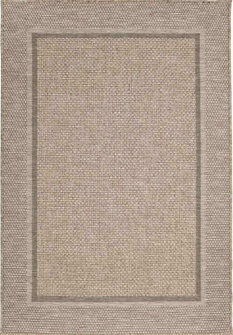 Beige woven summer latte border rug with textured basketweave pattern and subtle border for indoor outdoor use